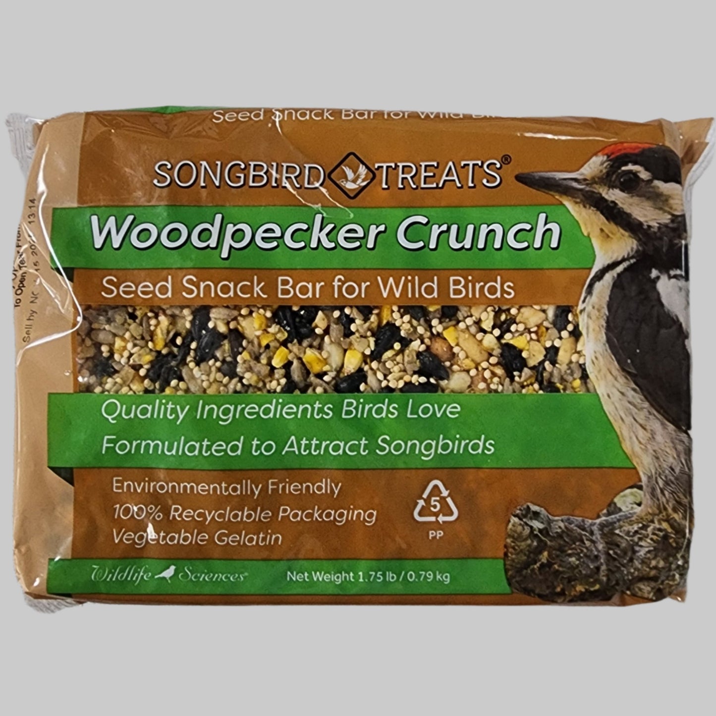 Bird seed block with Woodpecker Crunch on brown and green label
