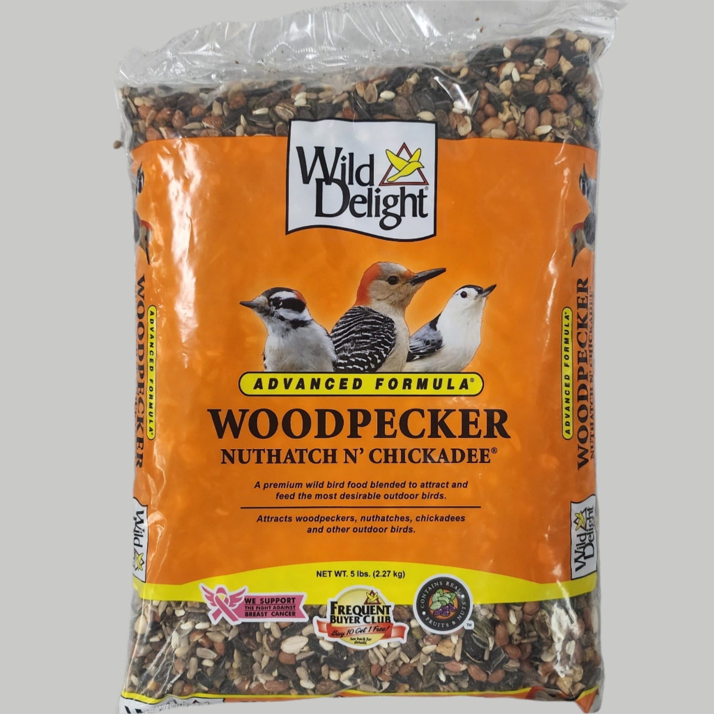 Bag of bird seed with Woodpecker, Nuthatch N' Chickadee on orange label