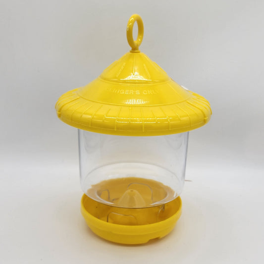 Yellow plastic top, base and hanging loop with clear hopper