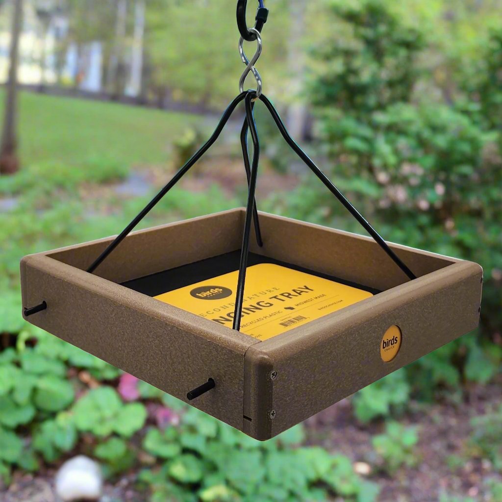 Tan hanging tray with black metal hanging arms