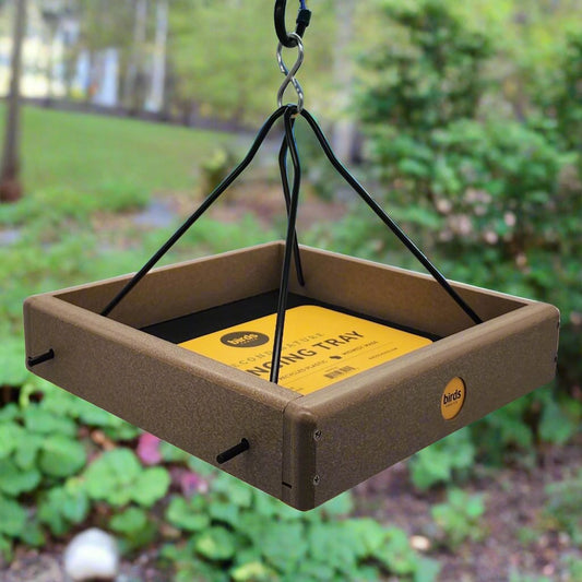 Tan hanging tray with black metal hanging arms