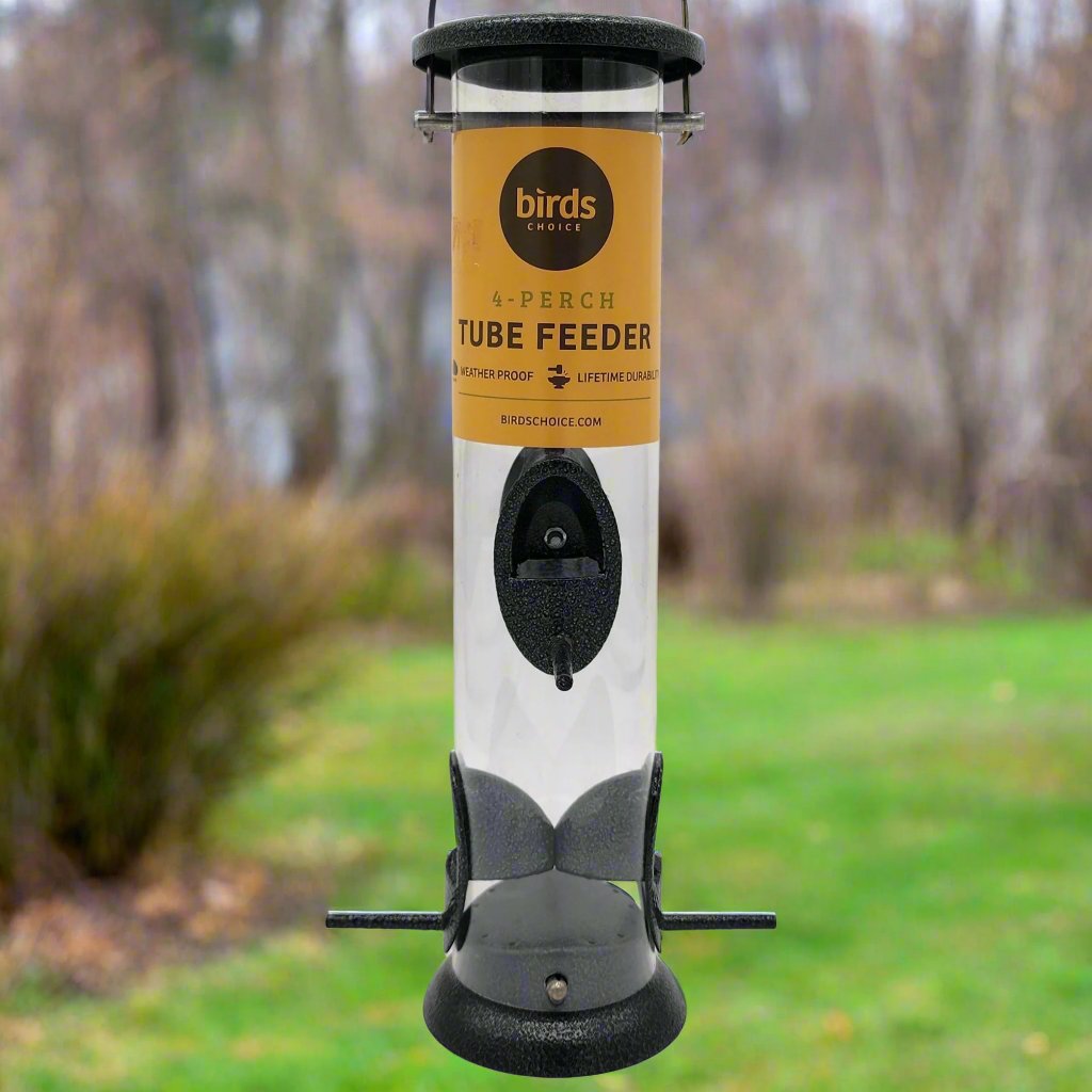 tube bird feeder with green top, base and ports