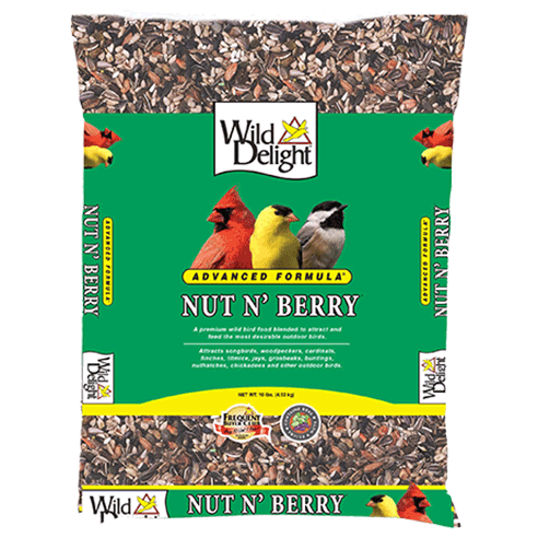 Bag of bird seed with Nut N' Berry on green label