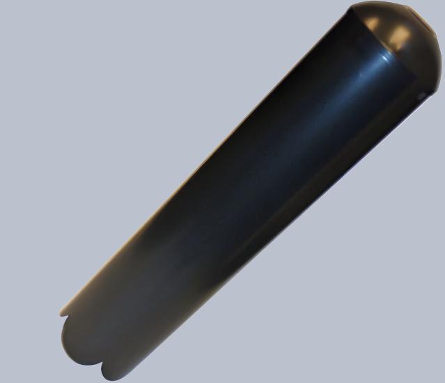 black tubular baffle with scalloped bottom edge