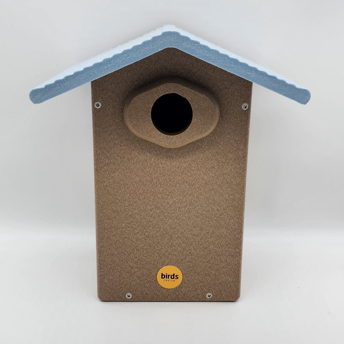 Tan bluebird house with light blue roof.