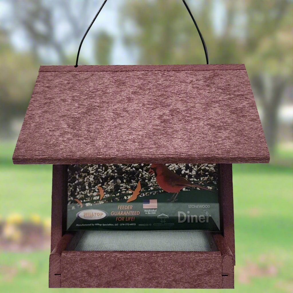 Cherry colored bird feeder with silver screen base