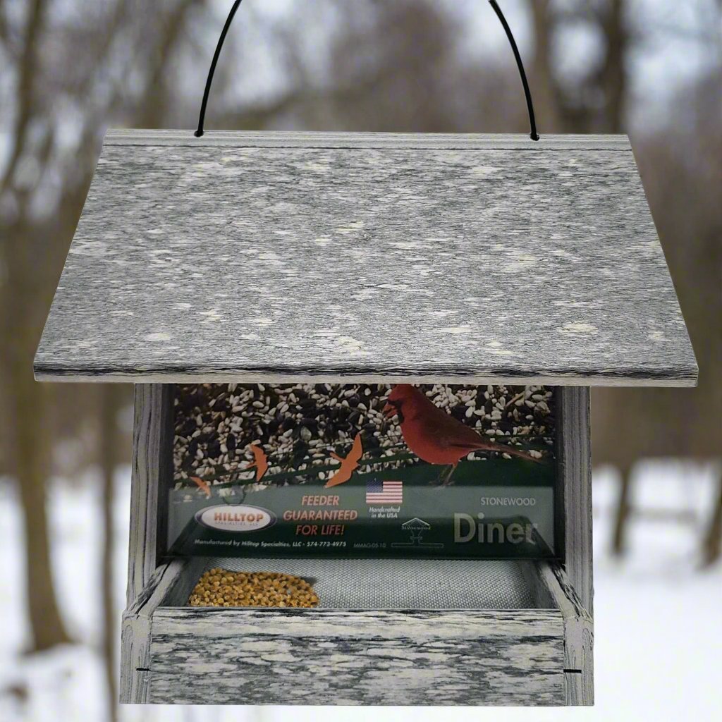marbled gray colored bird feeder with silver screen base