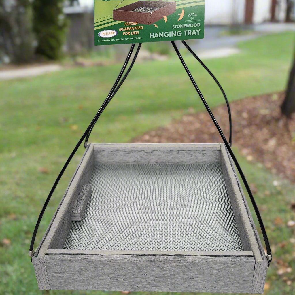 Marbled Gray square tray feeder with silver mesh bottom and black hanging cables