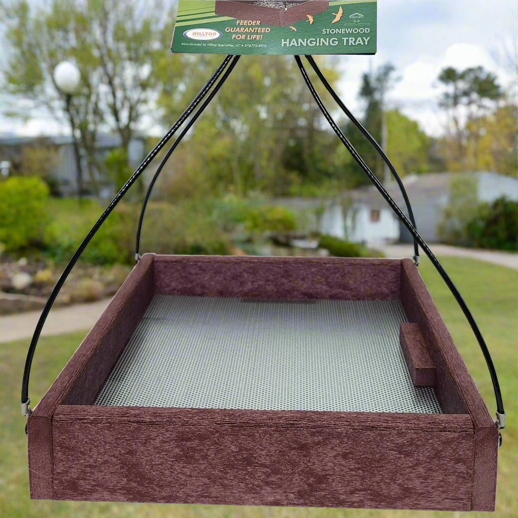 Cherry square tray feeder with silver mesh bottom and black hanging cables