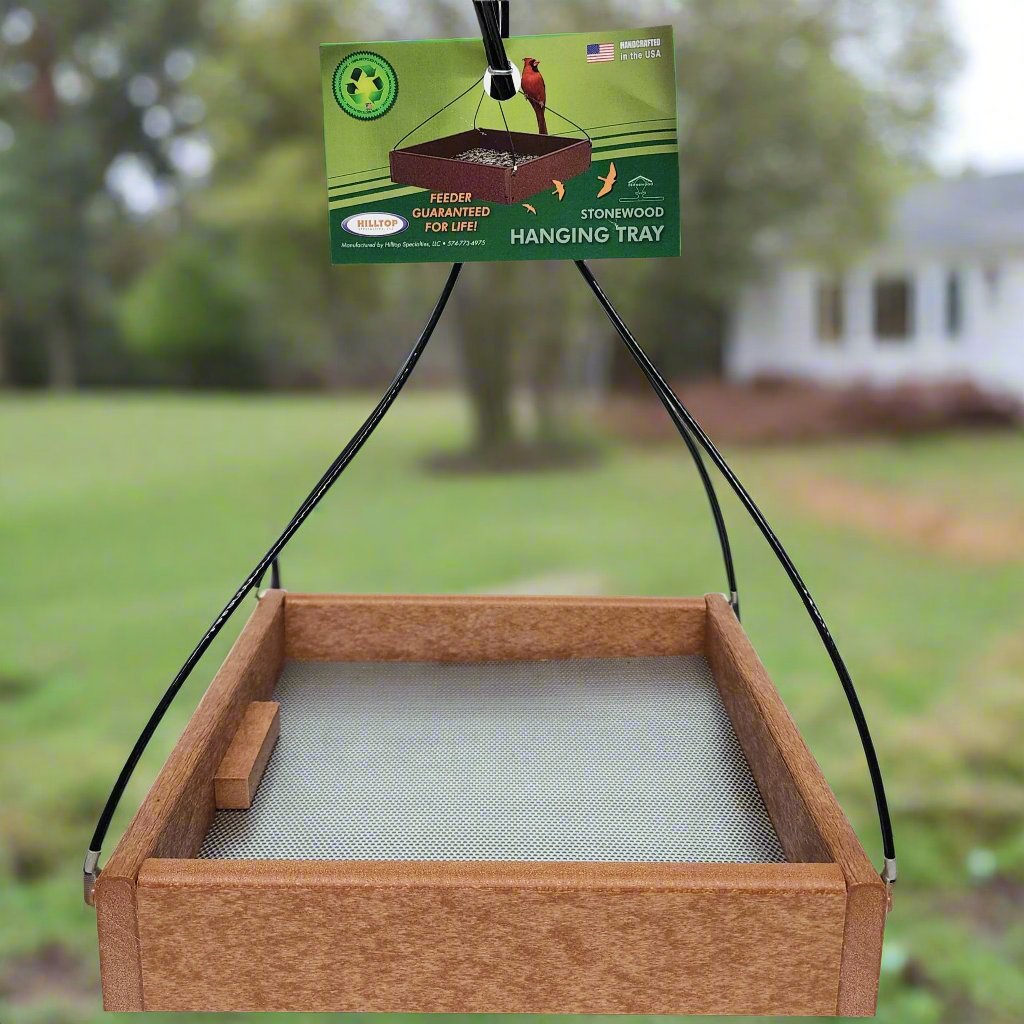 Tan square tray feeder with silver mesh bottom and black hanging cables