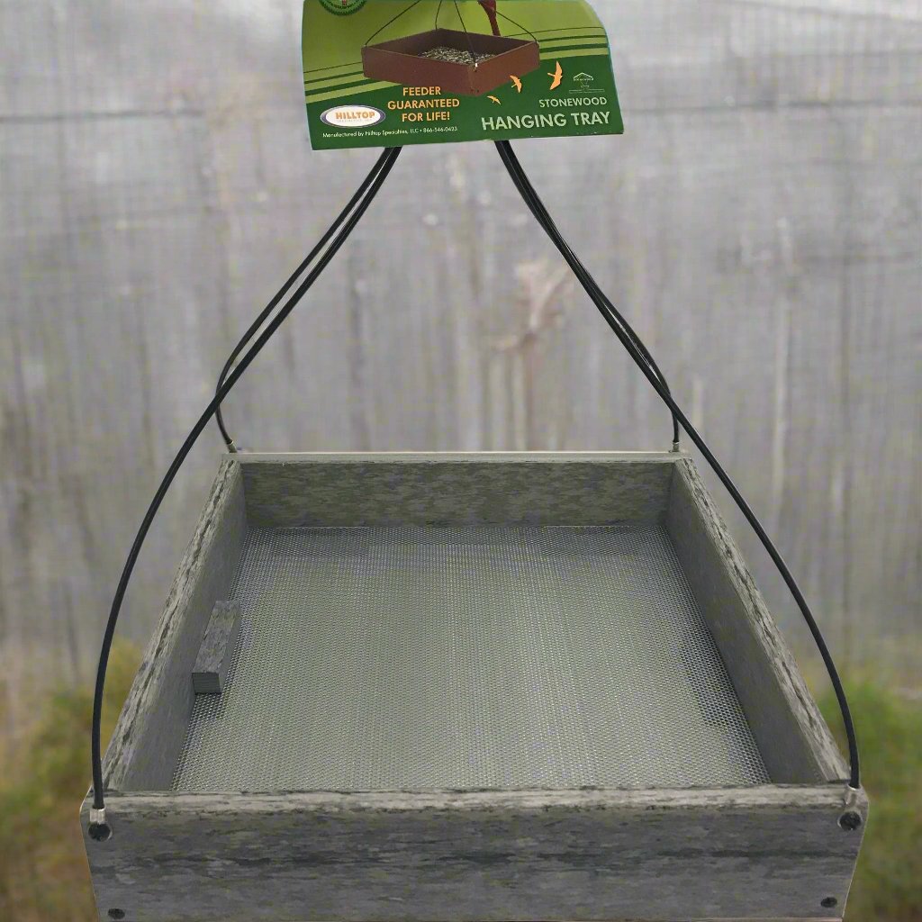 marbled gray square tray with silver mesh bottom and black wire hangers