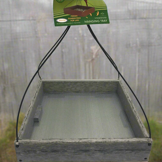 marbled gray square tray with silver mesh bottom and black wire hangers
