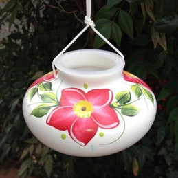 Hand-painted ceramic hummingbird feeder with red kona flowers