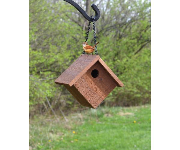 Diamond shaped hanging wren house with bird