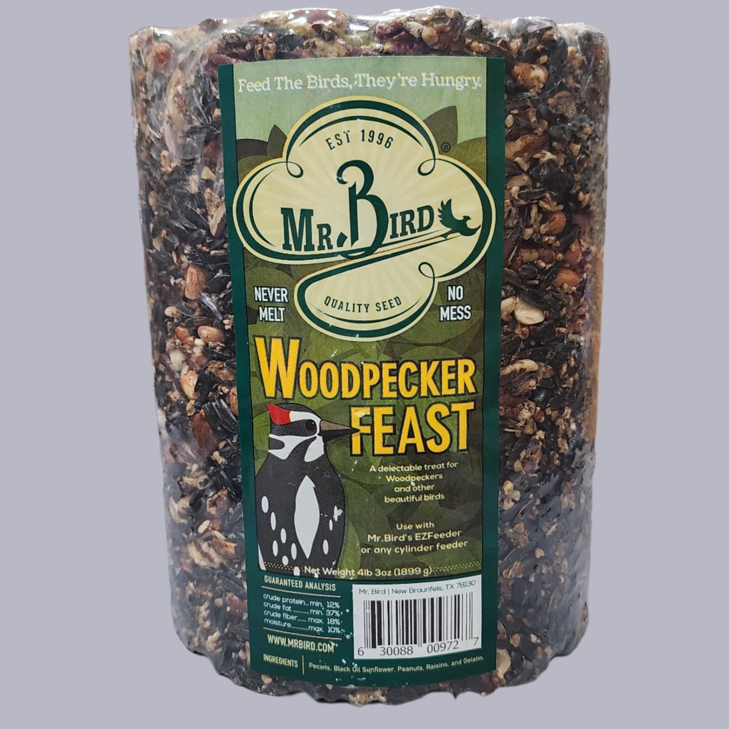 Bird seed cylinder with woodpecker feast label