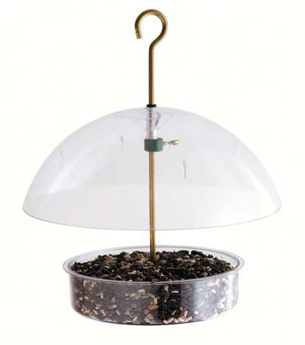Clear bird feeder with dome and gold hanger