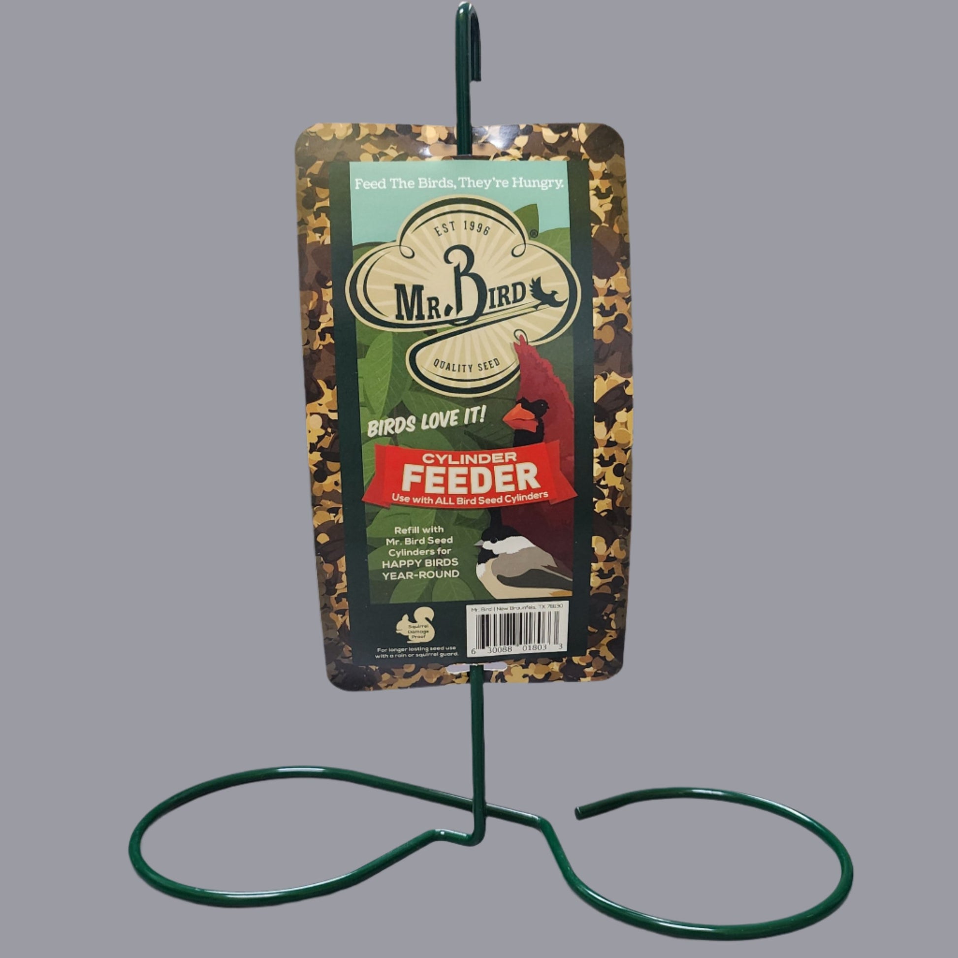 Coated green wire hanger wih Mr. Bird Cylinder feeder label