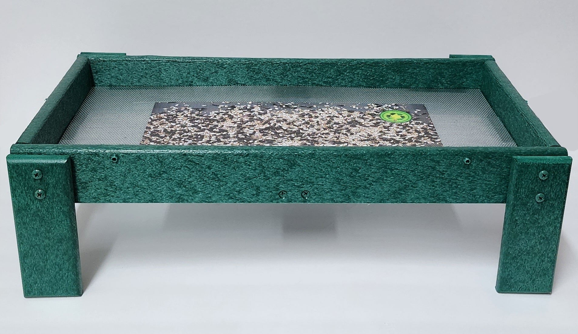 green recycle material tray with four legs and metal screen 