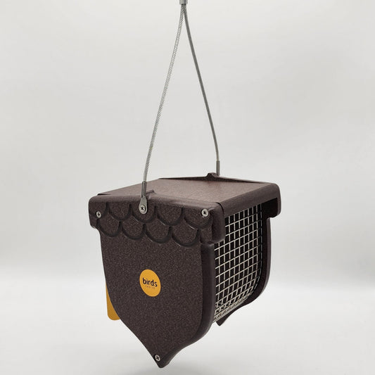 Brown acorn shaped feeder with wire mesh an silver hanger