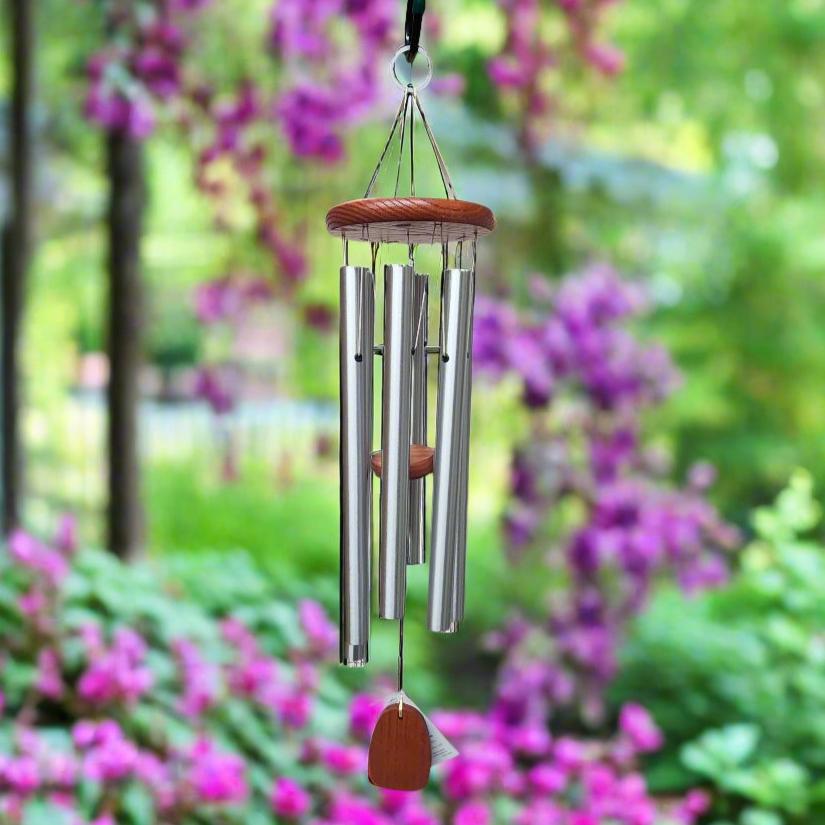 wind chime with silver pipes and wood top and paddle