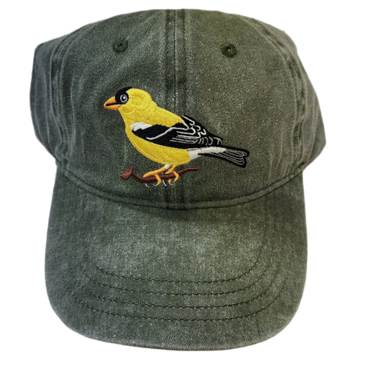 Green ball cap with stitched goldfinch