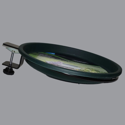 Green bird bath bowl with black clamp bracket