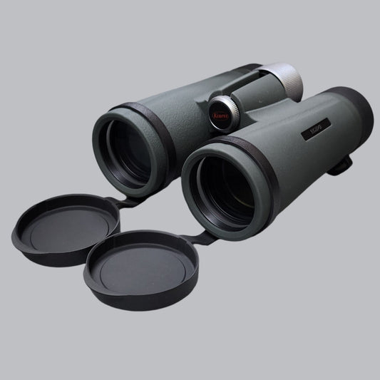 Green binoculars with black eye cups open