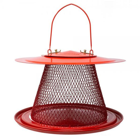 Red bird feeder with mesh bottom on a white background