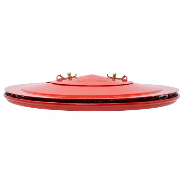 Red mesh bird feeder collapsed on a white background