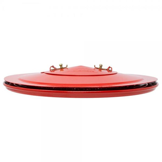 Red mesh bird feeder collapsed on a white background