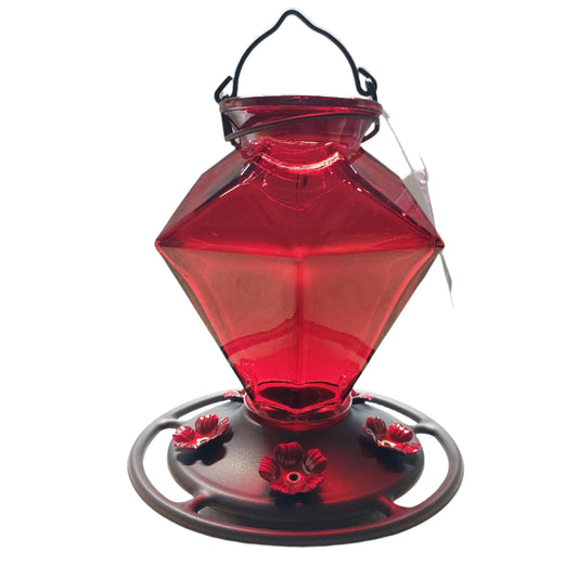 Red Diamond shaped hummingbird feeder with dark base and red flowers
