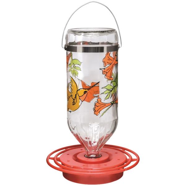 Clear glass bottle with orange hummingbird and flowers with red base and silver hanger