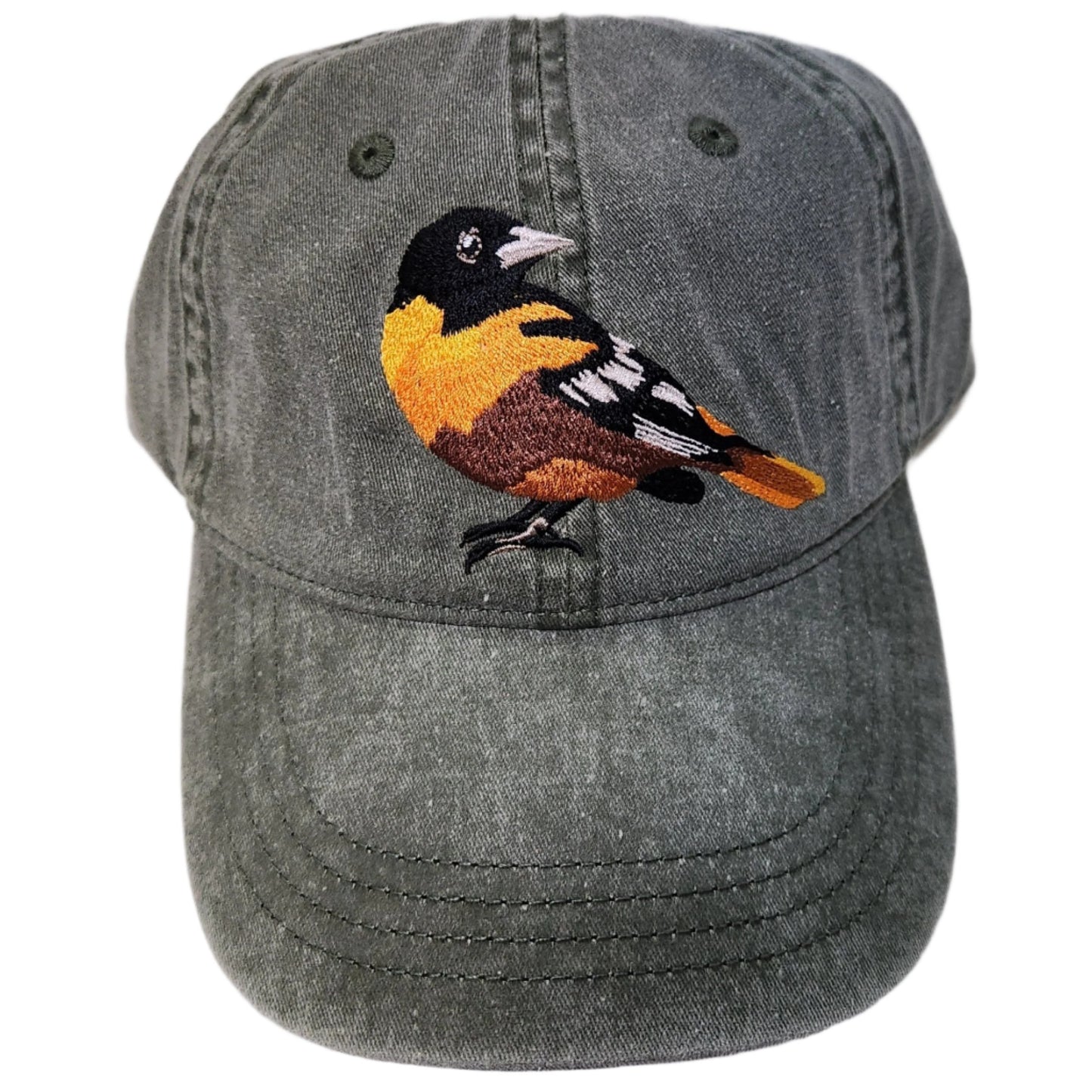 Green ball cap with stitched oriole