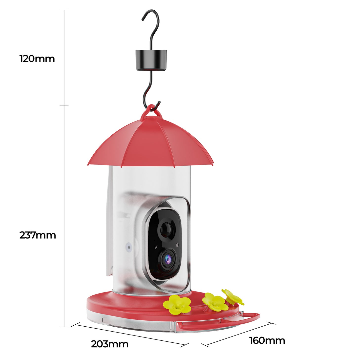 Red top and base Hummingbird feeder with yellow flower and black ant moat