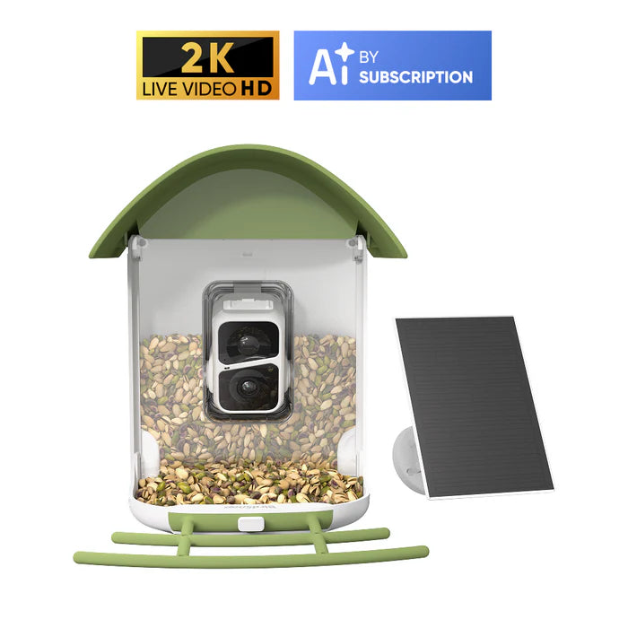 Bird feeder with camera and solar panel on a white background