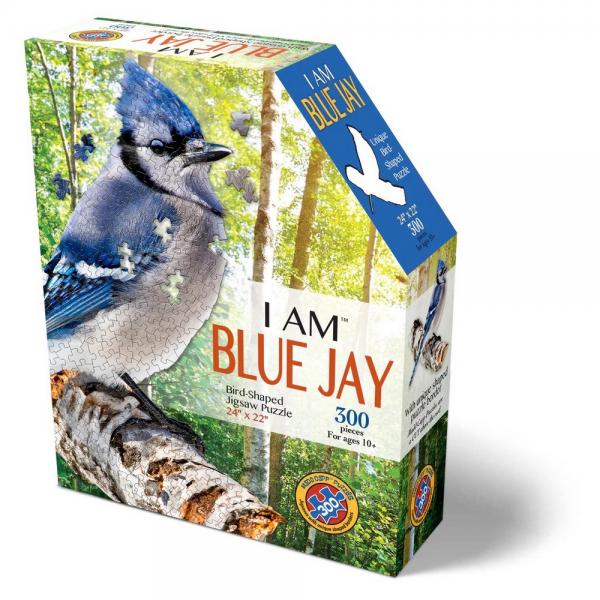 Jigsaw puzzle box featuring a blue jay on a white background