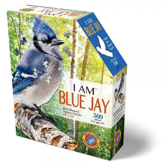Jigsaw puzzle box featuring a blue jay on a white background