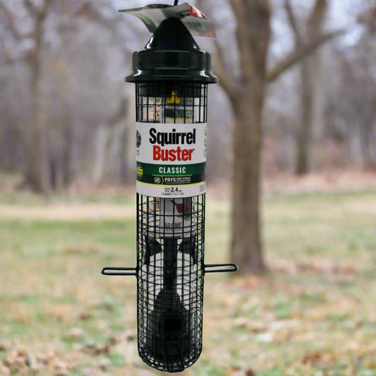 Green caged 4 port feeder with Squirrel Buster Classic Label