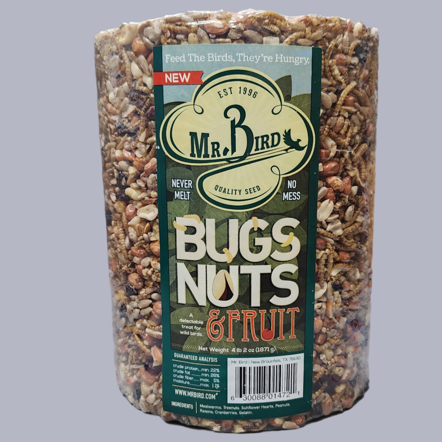 Cylinder of bird seed with Bugs, Nuts & Fruit on label