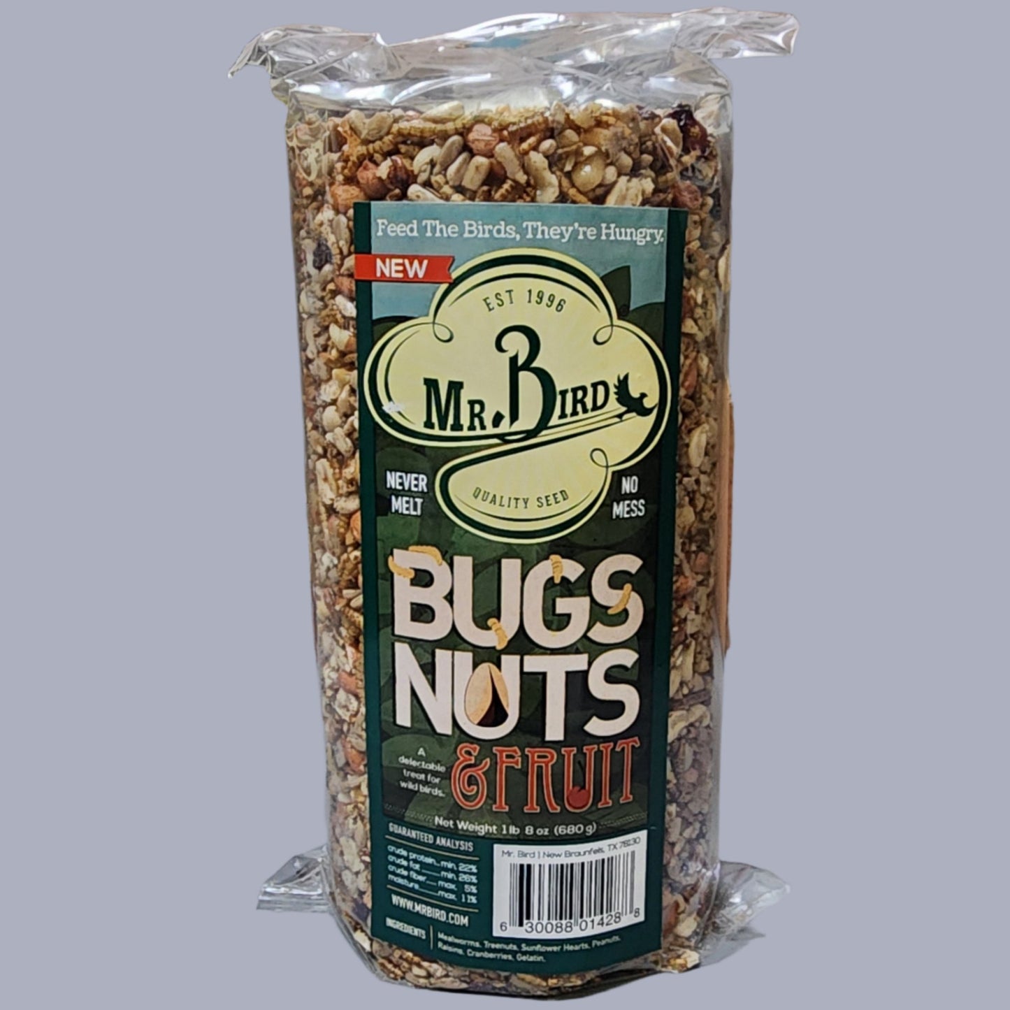 Cylinder of bird seed with Bugs, Nuts & Fruit on label