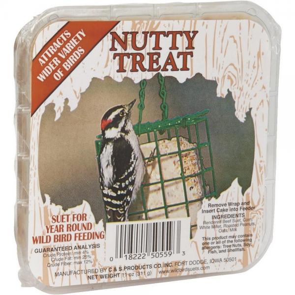 Nutty Treat label with a Downy Woodpecker on suet cage