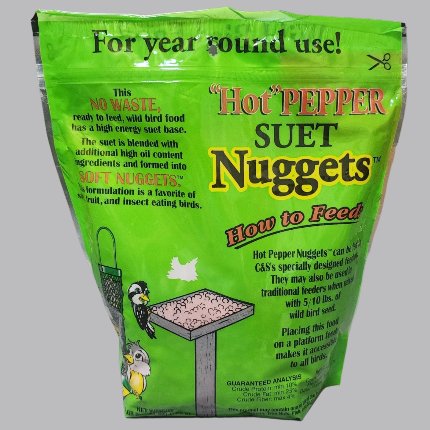 Green bag with Hot Pepper Suet Nuggets and other text