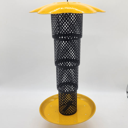 Black mesh feeder with yellow roof and base