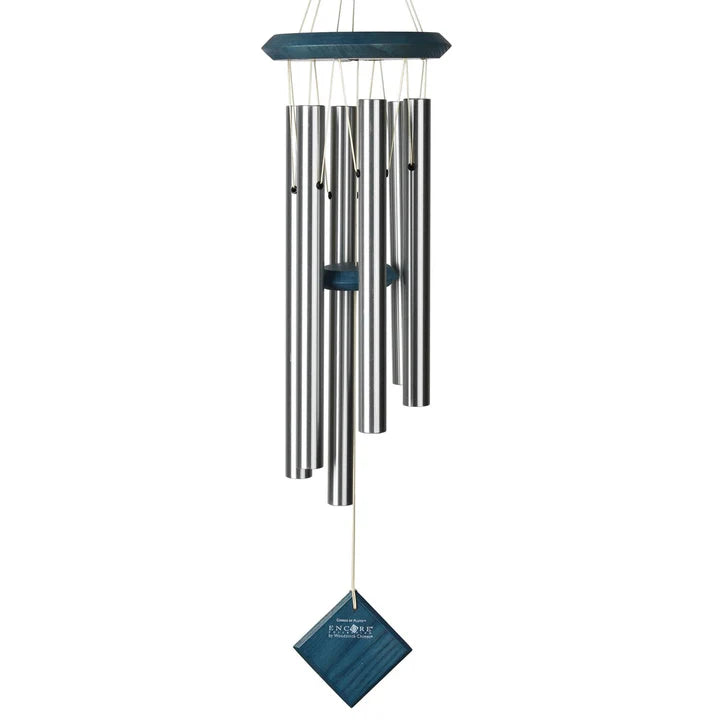 Wind chime with 6 silver tubes and blue top and paddle