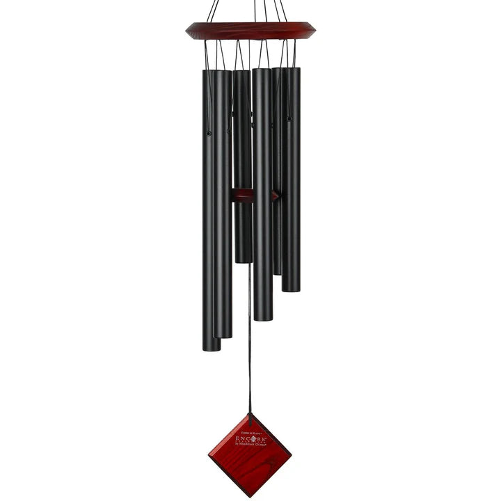 Wind chime with 6 black tubes and wood base and paddle