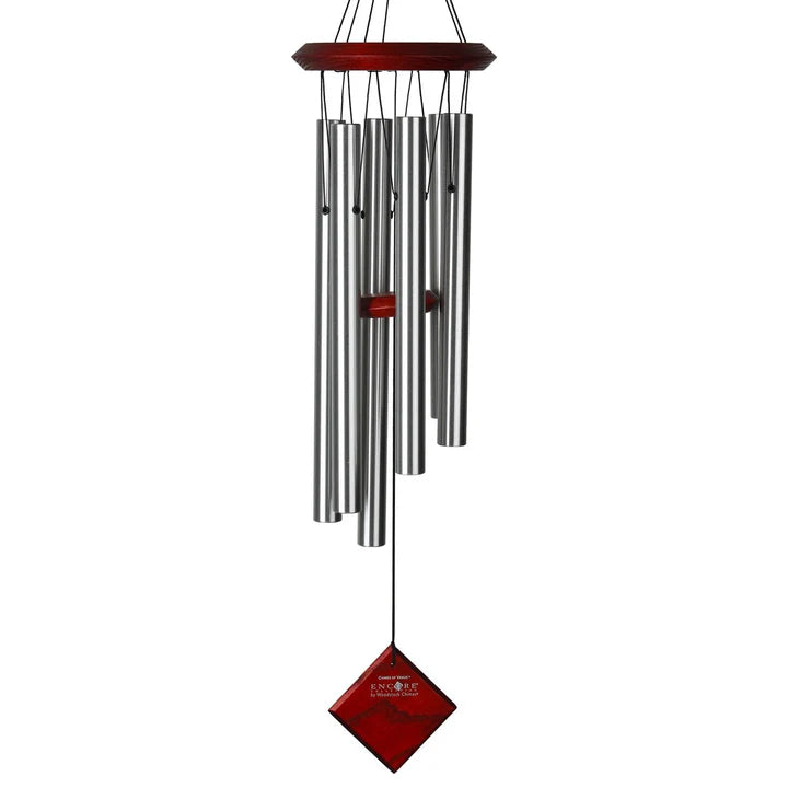 wind chime with 6 silver tubes and wood top and paddle