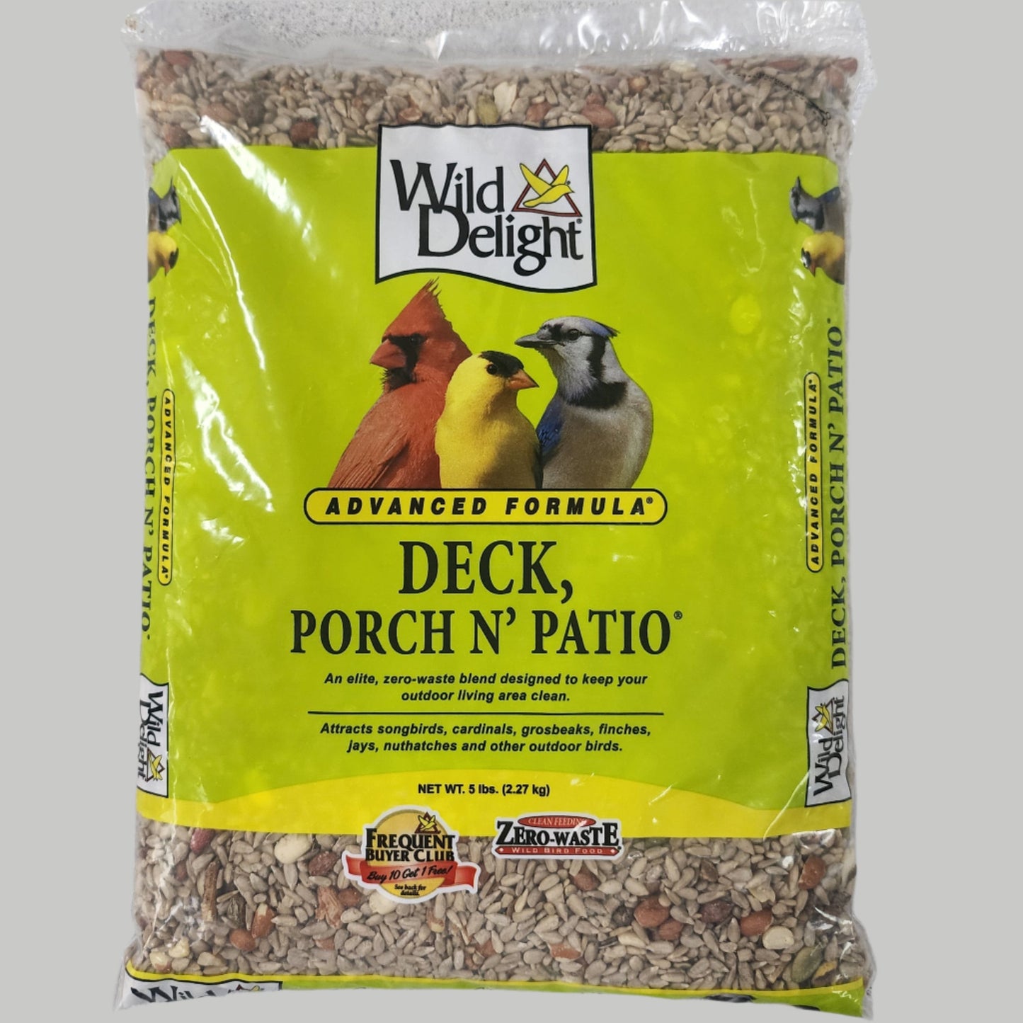 Bag of bird seed with Deck, Porch N' Patio on green label