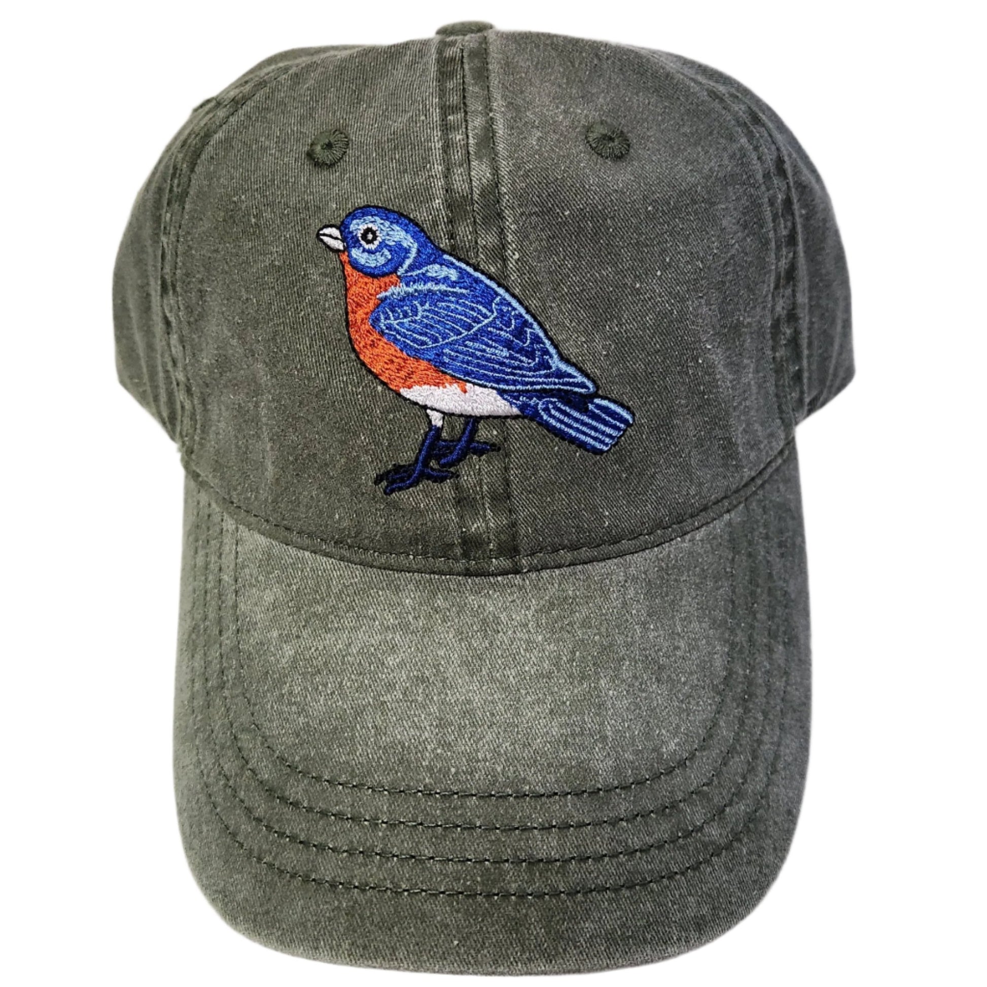 Green ball cap with stitched bluebird