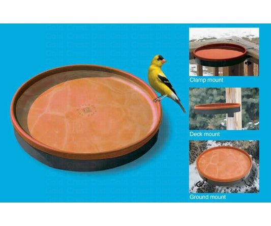 tan bird bath bowl with 3 configuration and goldfinch