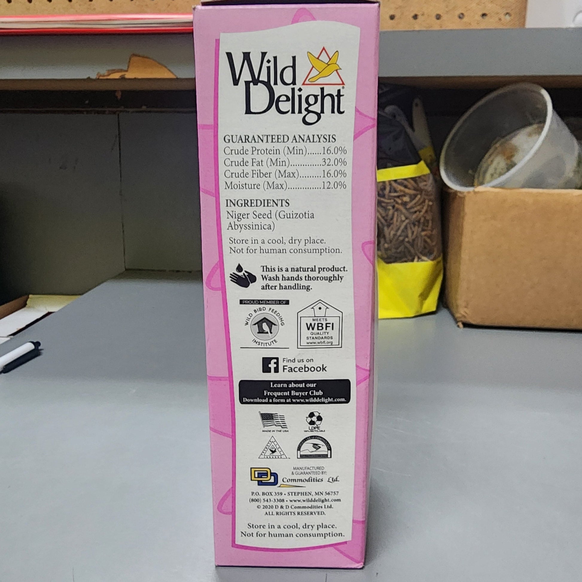 Pink and white box with text